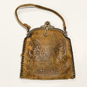 ANTIQUE rare Victorian leather tooled handbag carved detail w/ silver hardware